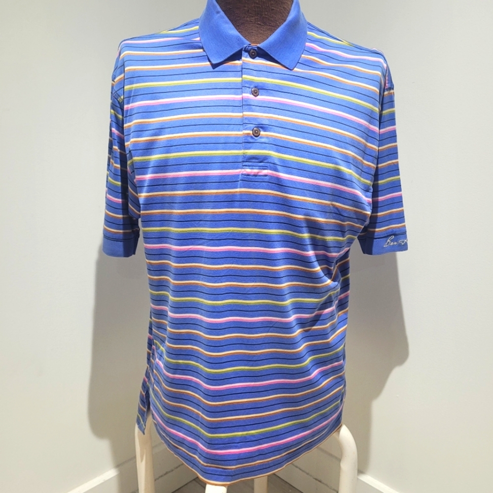 Ben Hogan Men's Striped Collared Golf Polo Size Medium Blue Mercerized Cotton